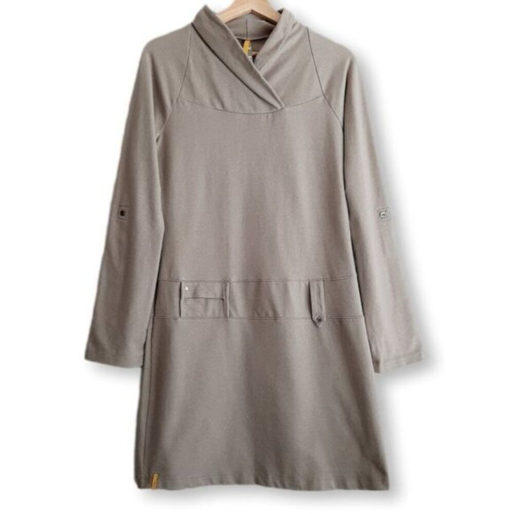 LOLE Evolt Long Utility Sleeve Casual Mini Dress Shawl Neck Beige Sz M